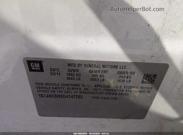 1G1JA6SHXG4147283 2016 CHEVROLET SONIC White Շարժիչի բաժամունքի տեսք