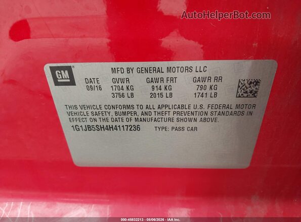 1G1JB5SH4H4117236 2017 CHEVROLET SONIC Red Вид підкапотного простору