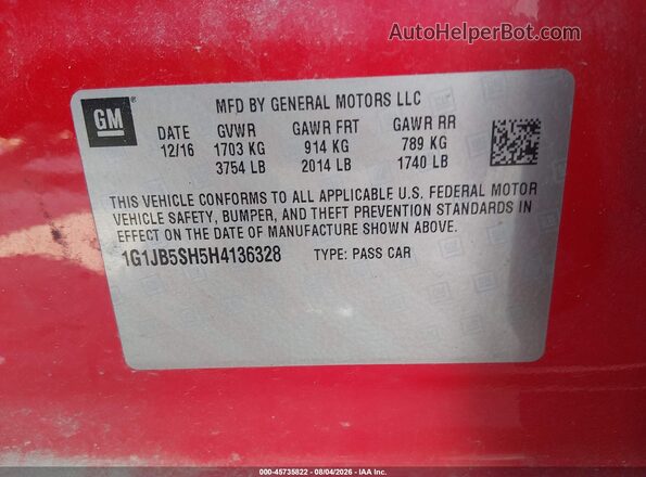 1G1JB5SH5H4136328 2017 CHEVROLET SONIC Red Engine compartment view