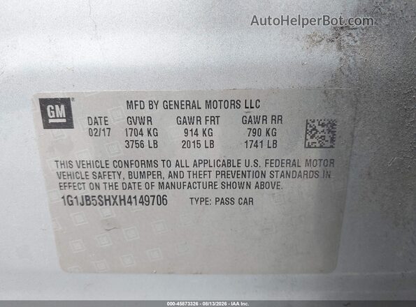 1G1JB5SHXH4149706 2017 CHEVROLET SONIC Light Blue Widok komory silnika