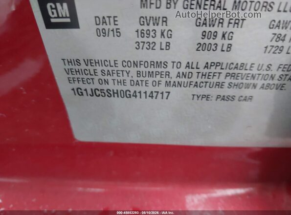 1G1JC5SH0G4114717 2016 CHEVROLET SONIC Red Widok komory silnika