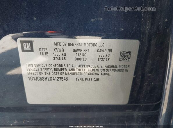 1G1JC5SH2G4127548 2016 CHEVROLET SONIC Blue ძრავის განყოფილების ხედი