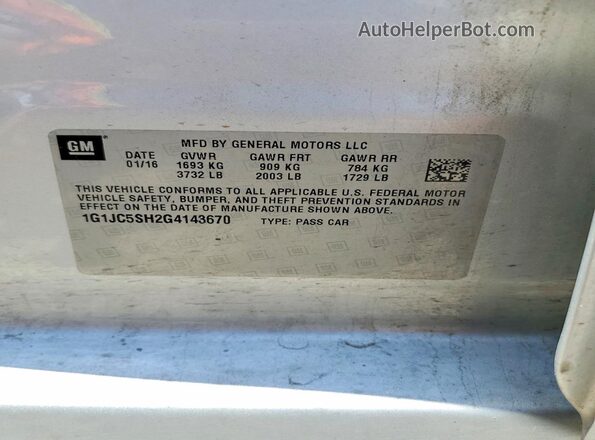 1G1JC5SH2G4143670 2016 CHEVROLET SONIC Silver Vista del compartimento del motor