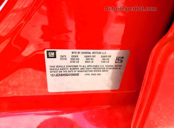 1G1JC5SH5G4184942 2016 CHEVROLET SONIC Red Вид підкапотного простору