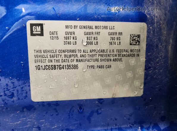1G1JC6SB7G4135386 2016 CHEVROLET SONIC Blue Вид підкапотного простору