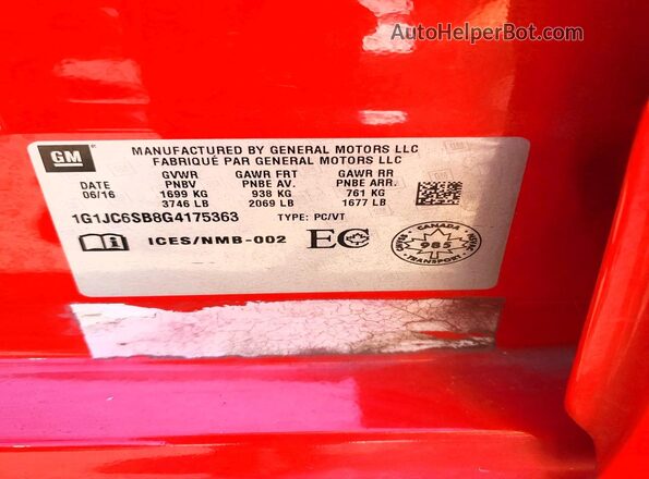 1G1JC6SB8G4175363 2016 CHEVROLET SONIC Red Вид підкапотного простору