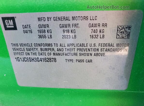 1G1JC6SH3G4162878 2016 CHEVROLET SONIC Green Widok komory silnika