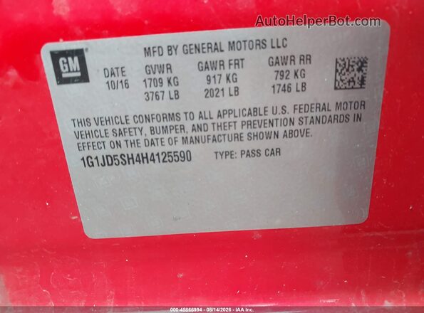 1G1JD5SH4H4125590 2017 CHEVROLET SONIC Red ძრავის განყოფილების ხედი