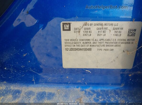 1G1JD5SH5H4100486 2017 CHEVROLET SONIC Синий Вид подкапотного пространства