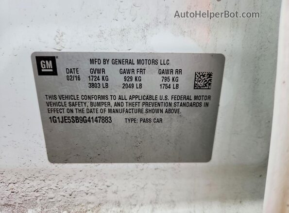 1G1JE5SB9G4147883 2016 CHEVROLET SONIC White ძრავის განყოფილების ხედი