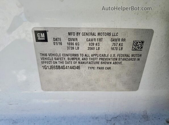 1G1JE6SB4G4144346 2016 CHEVROLET SONIC White ძრავის განყოფილების ხედი