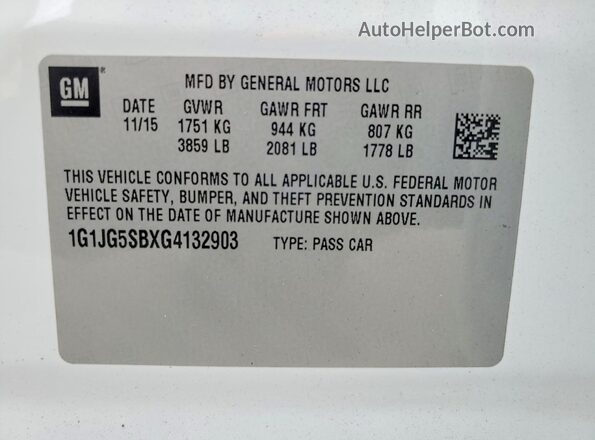 1G1JG5SBXG4132903 2016 CHEVROLET SONIC White Widok naklejki z numerem VIN