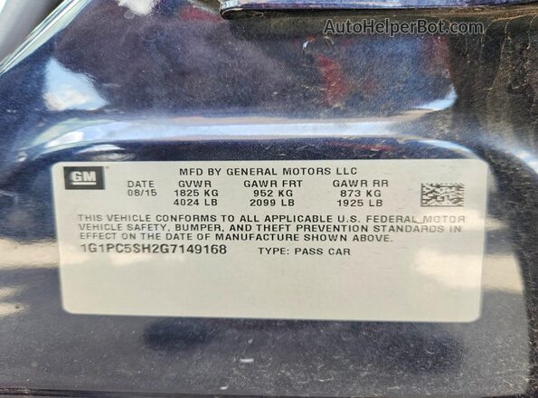 1G1PC5SH2G7149168 2016 CHEVROLET CRUZE Blue VIN sticker view