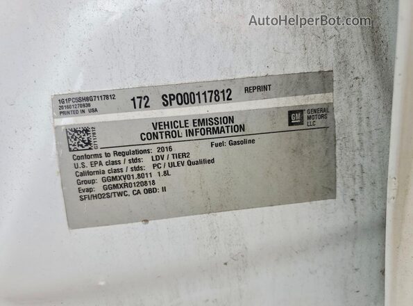 1G1PC5SH8G7117812 2016 CHEVROLET CRUZE White VIN sticker view