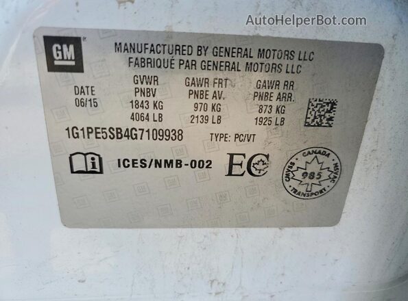 1G1PE5SB4G7109938 2016 CHEVROLET CRUZE White Вид підкапотного простору