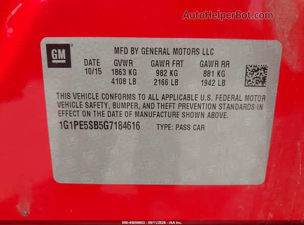 1G1PE5SB5G7184616 2016 CHEVROLET CRUZE Red Engine compartment view