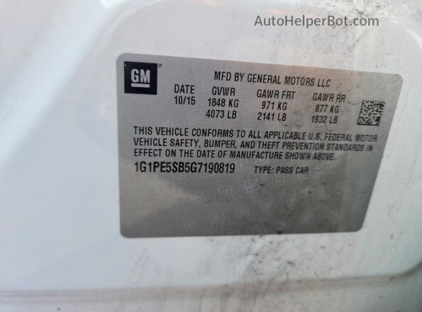 1G1PE5SB5G7190819 2016 CHEVROLET CRUZE White VIN կոդի պիտակի տեսք