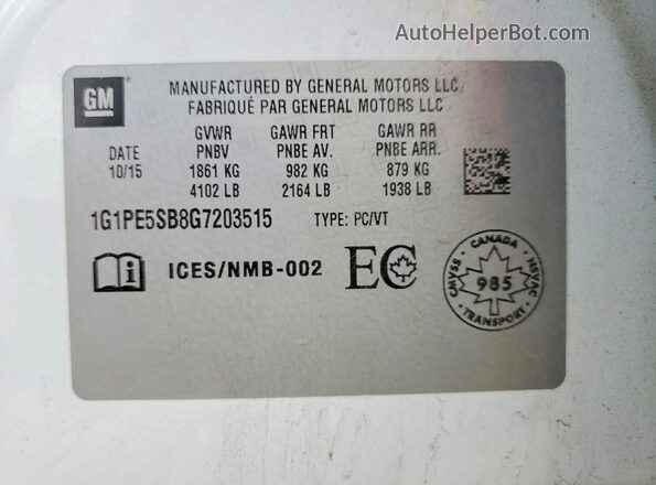 1G1PE5SB8G7203515 2016 CHEVROLET CRUZE Белый Вид наклейки с VIN-кодом