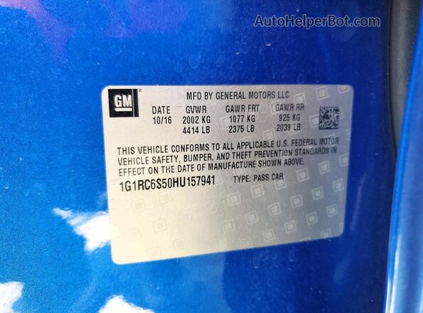 1G1RC6S50HU157941 2017 CHEVROLET VOLT Синий Вид наклейки с VIN-кодом