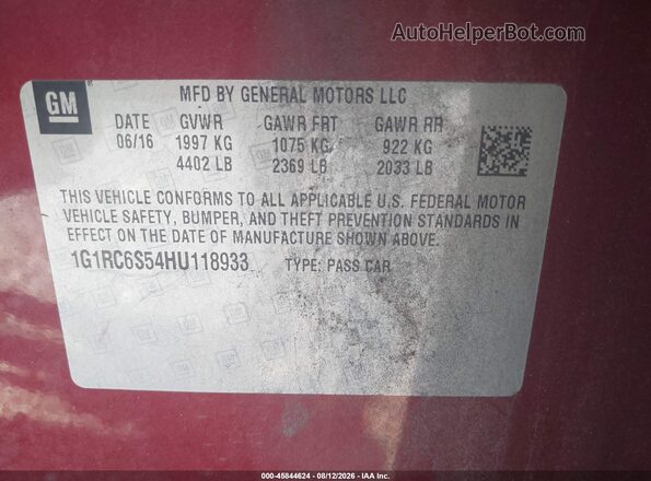 1G1RC6S54HU118933 2017 CHEVROLET VOLT Бордовый Вид подкапотного пространства