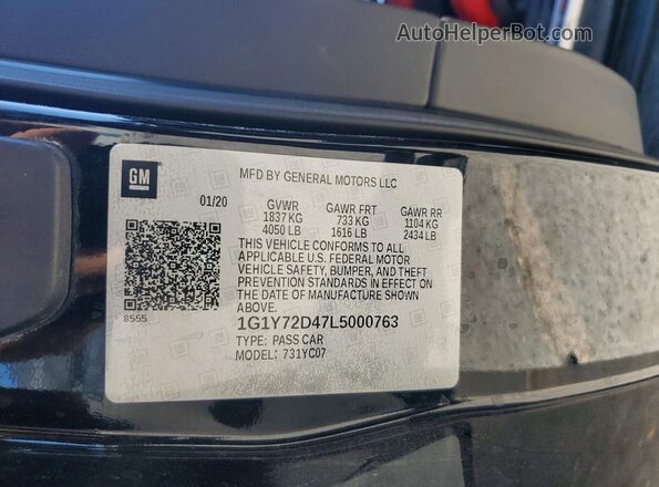 1G1Y72D47L5000763 2020 CHEVROLET CORVETTE Black VIN კოდის სტიკერის ხედი