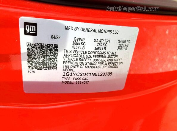 1G1YC3D41N5123785 2022 CHEVROLET CORVETTE Red VIN კოდის სტიკერის ხედი