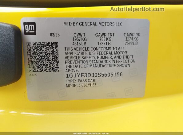 1G1YF3D30S5605156 2025 CHEVROLET CORVETTE Yellow Вид підкапотного простору