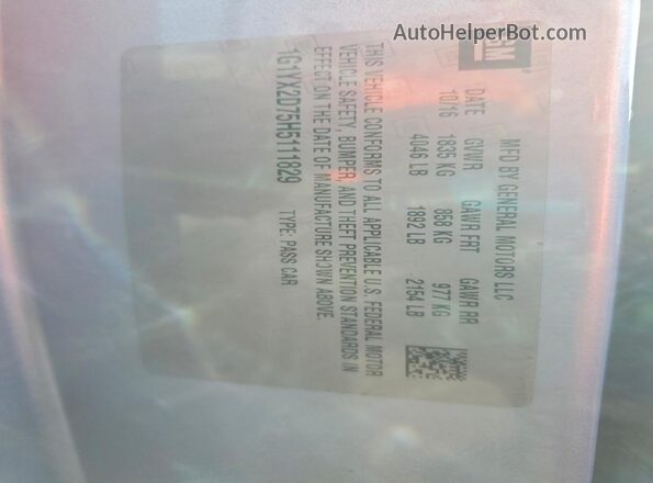 1G1YX2D75H5111829 2017 CHEVROLET CORVETTE Серебряный Вид наклейки с VIN-кодом