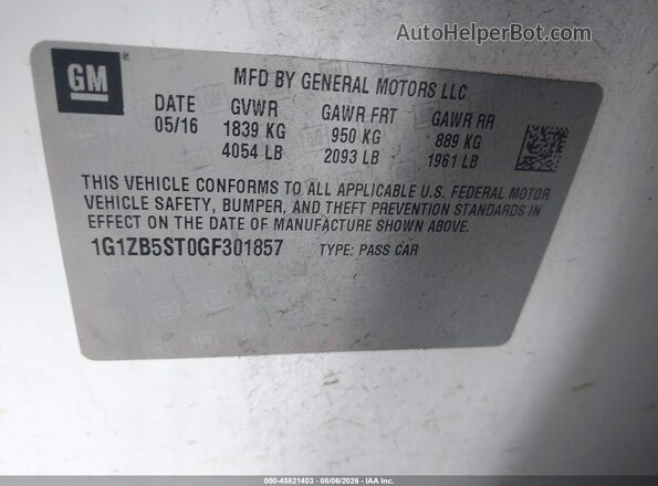 1G1ZB5ST0GF301857 2016 CHEVROLET MALIBU White Widok komory silnika