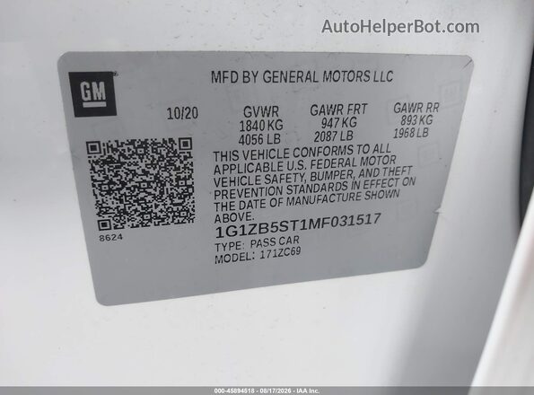 1G1ZB5ST1MF031517 2021 CHEVROLET MALIBU Белый Вид подкапотного пространства