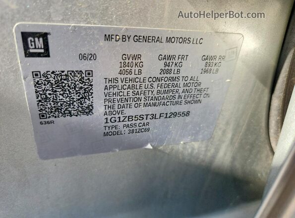 1G1ZB5ST3LF129558 2020 CHEVROLET MALIBU Silver Widok naklejki z numerem VIN