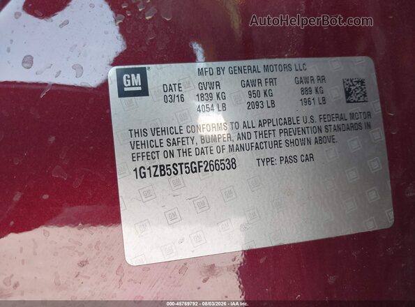 1G1ZB5ST5GF266538 2016 CHEVROLET MALIBU Red Շարժիչի բաժամունքի տեսք