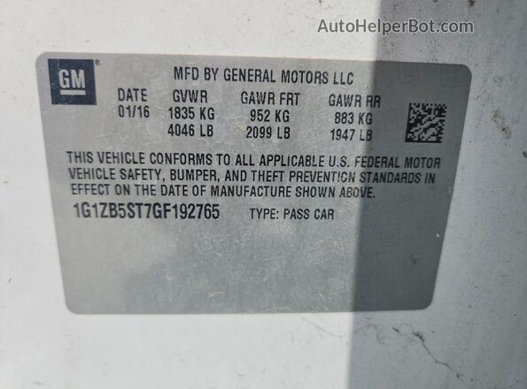 1G1ZB5ST7GF192765 2016 CHEVROLET MALIBU White VIN კოდის სტიკერის ხედი
