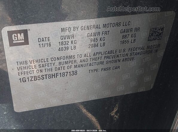 1G1ZB5ST8HF187138 2017 CHEVROLET MALIBU Серый Вид подкапотного пространства