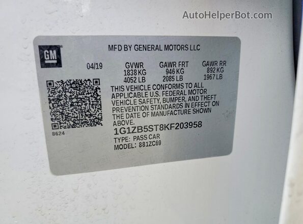 1G1ZB5ST8KF203958 2019 CHEVROLET MALIBU White ძრავის განყოფილების ხედი