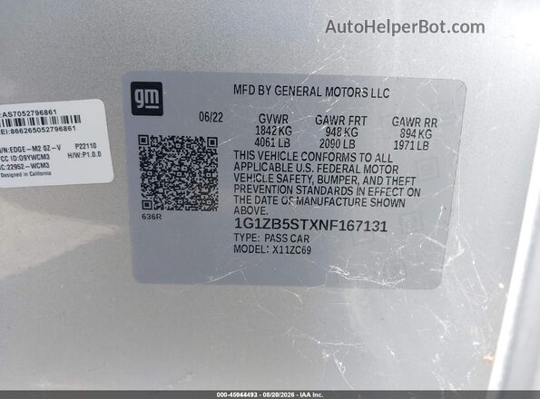 1G1ZB5STXNF167131 2022 CHEVROLET MALIBU Silver Vista del compartimento del motor