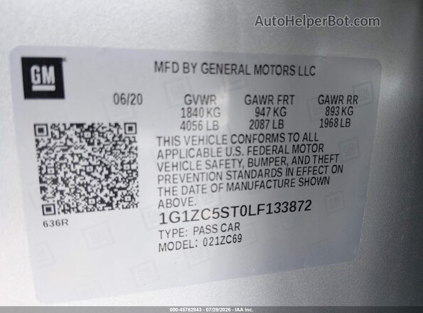 1G1ZC5ST0LF133872 2020 CHEVROLET MALIBU Silver Engine compartment view
