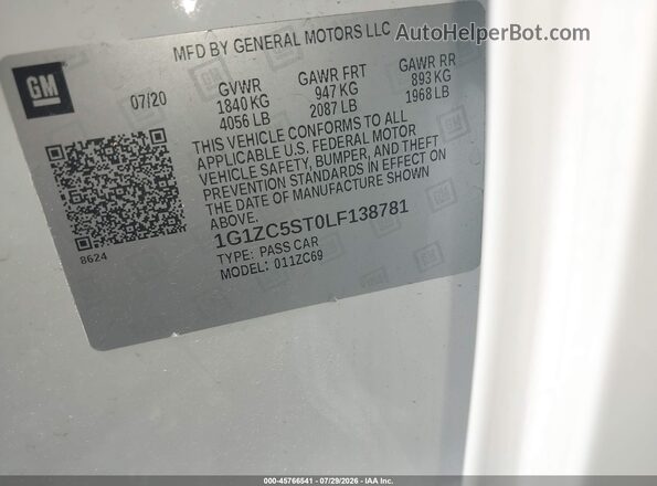 1G1ZC5ST0LF138781 2020 CHEVROLET MALIBU White Вид підкапотного простору