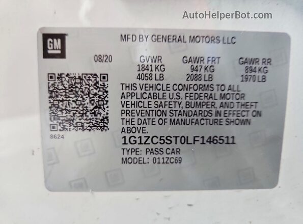 1G1ZC5ST0LF146511 2020 CHEVROLET MALIBU White VIN კოდის სტიკერის ხედი