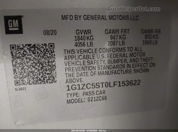 1G1ZC5ST0LF153622 2020 CHEVROLET MALIBU Черный Вид подкапотного пространства