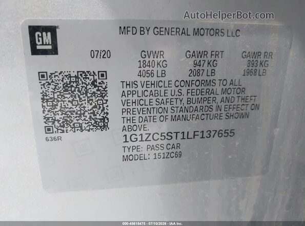 1G1ZC5ST1LF137655 2020 CHEVROLET MALIBU Silver ძრავის განყოფილების ხედი