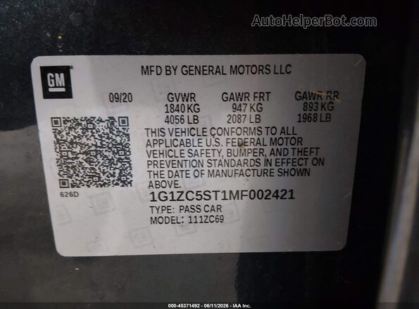 1G1ZC5ST1MF002421 2021 CHEVROLET MALIBU Gray Շարժիչի բաժամունքի տեսք