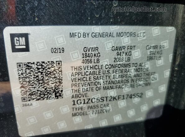 1G1ZC5ST2KF174552 2019 CHEVROLET MALIBU Черный Вид наклейки с VIN-кодом