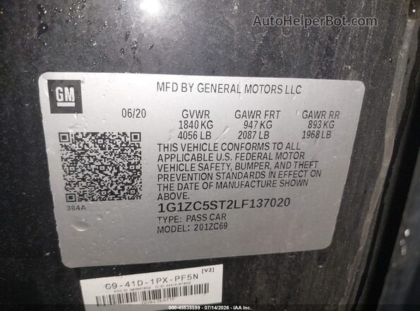1G1ZC5ST2LF137020 2020 CHEVROLET MALIBU Черный Вид подкапотного пространства