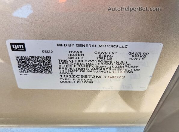 1G1ZC5ST2NF164673 2022 CHEVROLET MALIBU Beige Вид наклейки з VIN-кодом