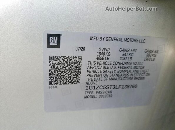 1G1ZC5ST3LF138760 2020 CHEVROLET MALIBU Silver ძრავის განყოფილების ხედი