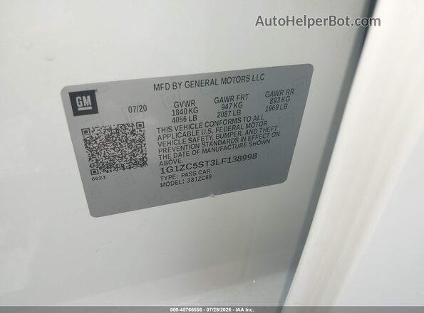 1G1ZC5ST3LF138998 2020 CHEVROLET MALIBU Белый Вид подкапотного пространства