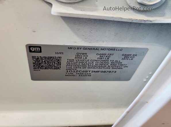 1G1ZC5ST3MF087973 2021 CHEVROLET MALIBU White Engine compartment view