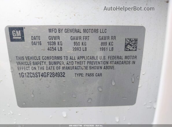 1G1ZC5ST4GF284932 2016 CHEVROLET MALIBU White Engine compartment view