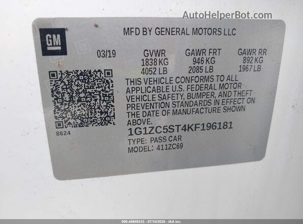 1G1ZC5ST4KF196181 2019 CHEVROLET MALIBU White Вид підкапотного простору